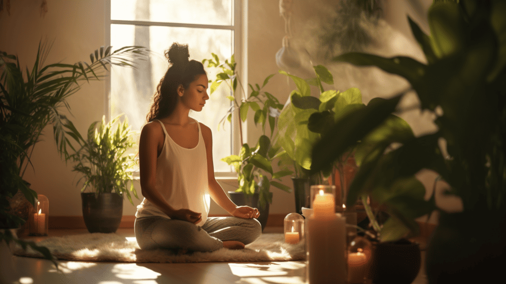 Improving Mental Health Through Spiritual Meditation. Woman meditating in a room with plants.