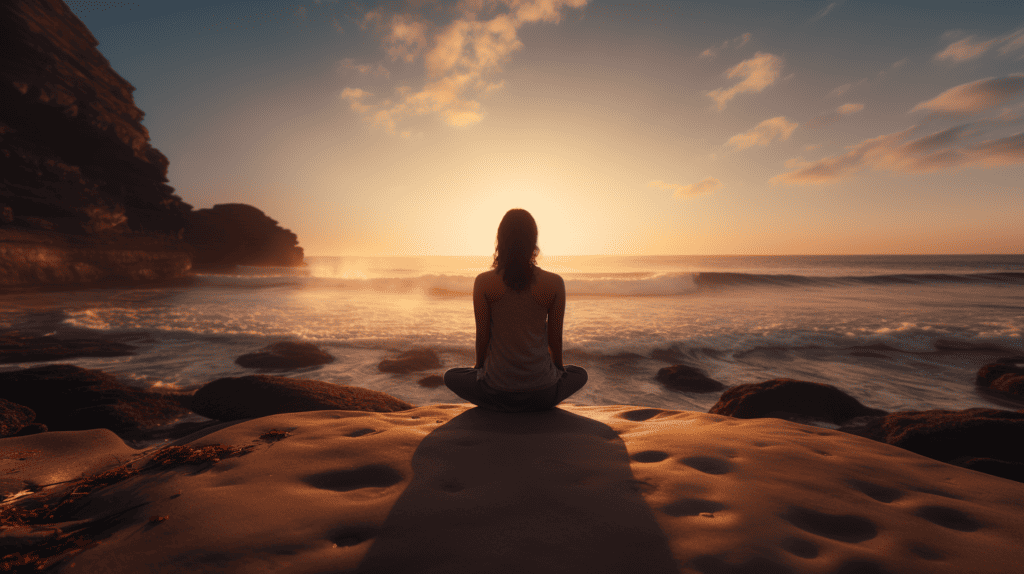 Woman sitting on the beach meditating at sunset.