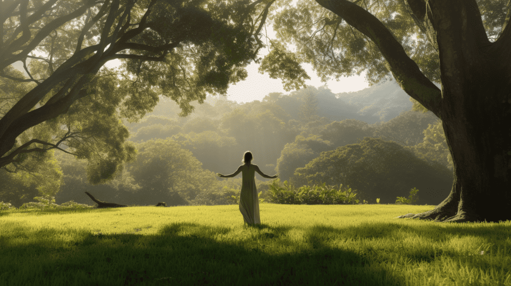 Woman in field practicing kinhin.  Sunlight in a green field

