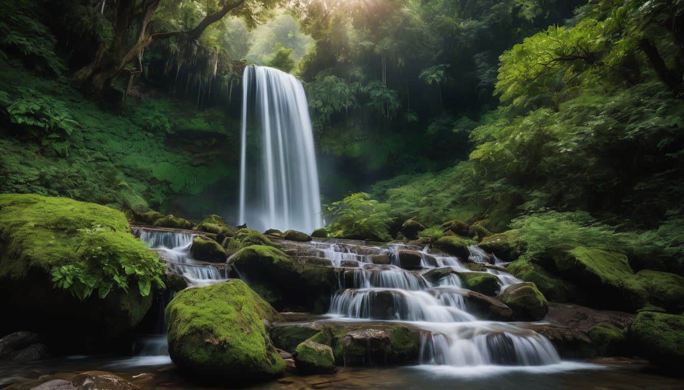A beautiful waterfall in the jungle. Achieving Peace Through Spiritual Meditation