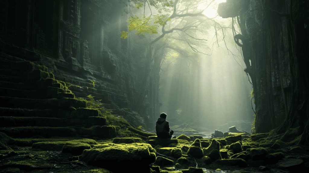 Person meditating in a lush green forest.