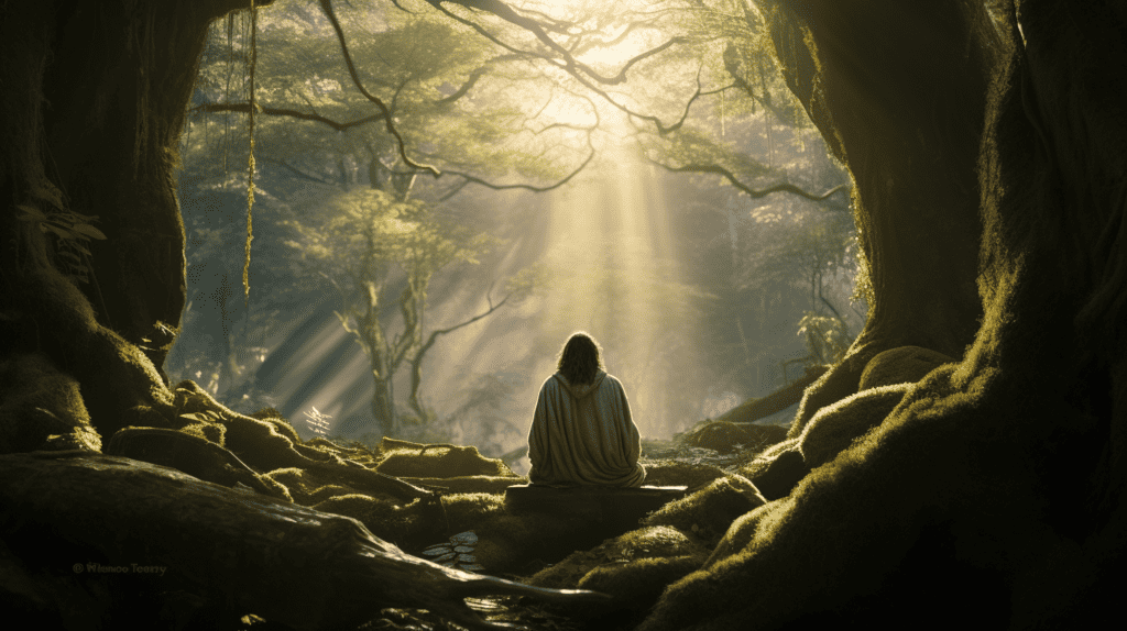 Man doing Shikantaza meditation in the forest with light flowing through the trees.