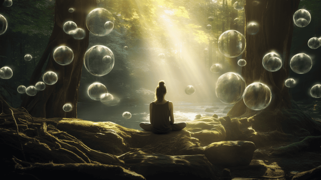 Woman meditating by a lake with bubbles rising around her.