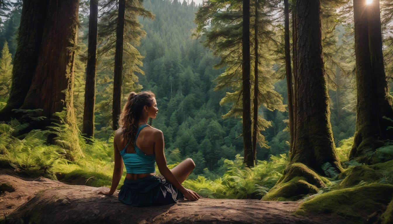 daily spiritual meditation routines for beginners. Woman on forest log, meditating