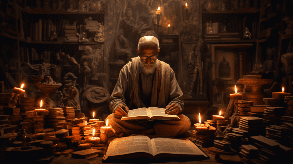 Monk studying old text on how meditation increases focus.