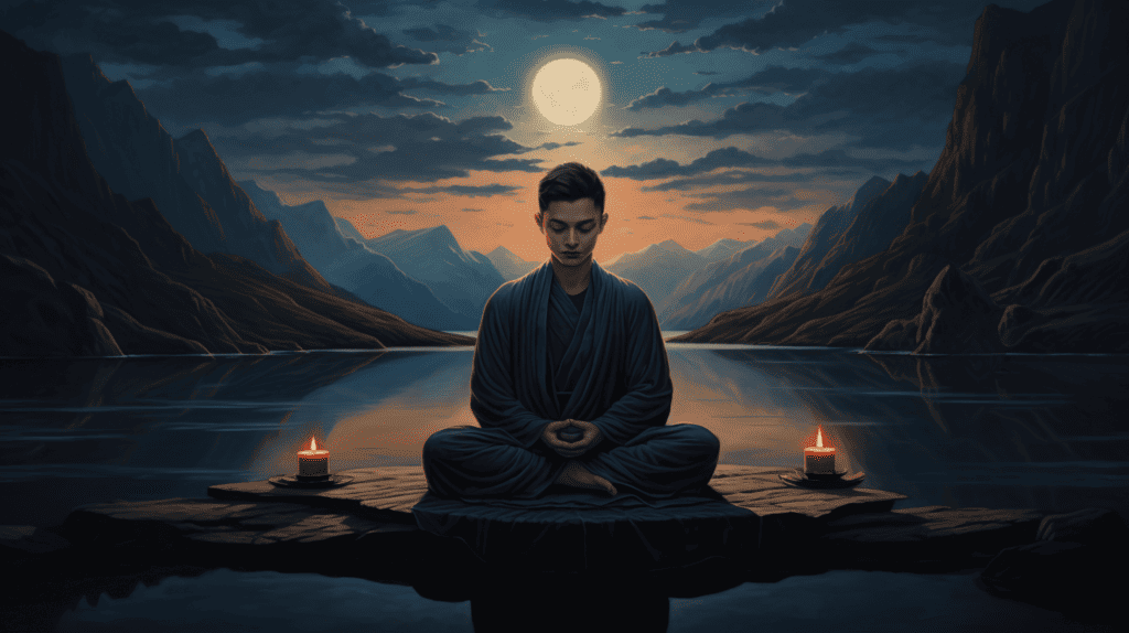 Man at a lake meditating before bed time.