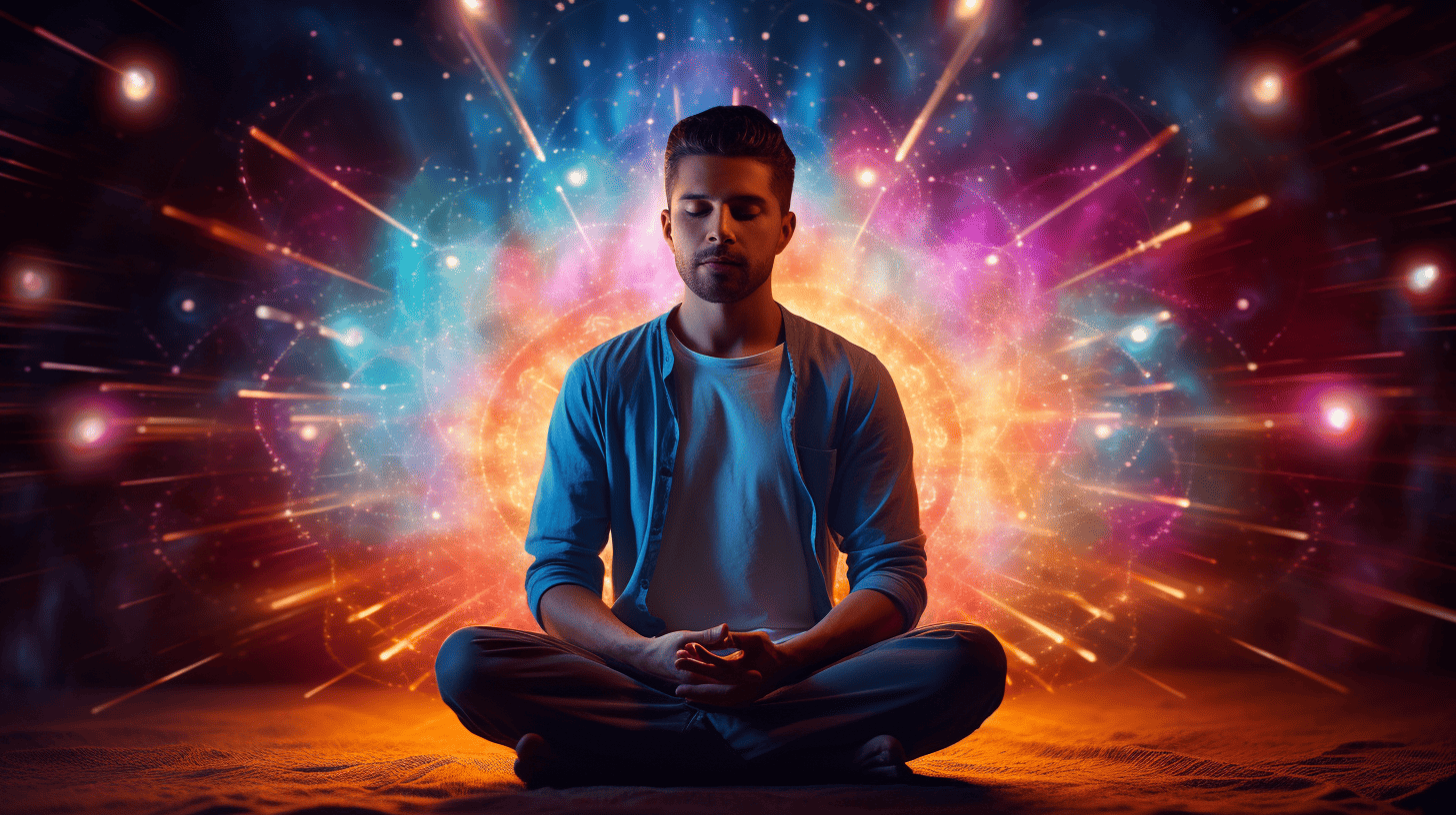Spiritual Meditation Practices for Sleep. Man aligning his chakras.