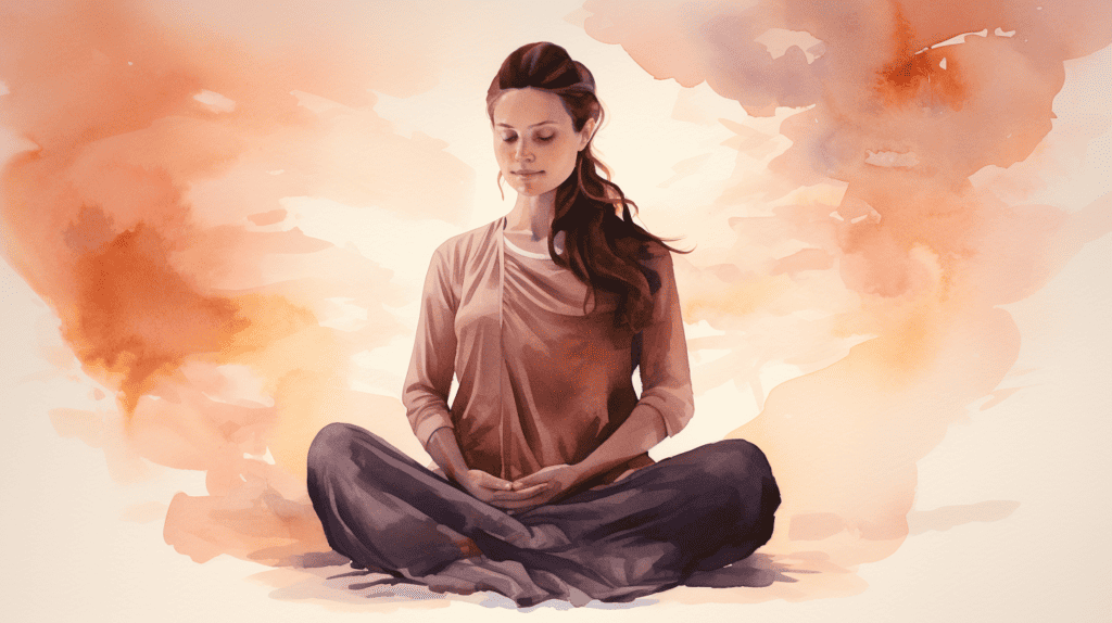 Pregnant woman using visualization mediation with muted red tones behind her.