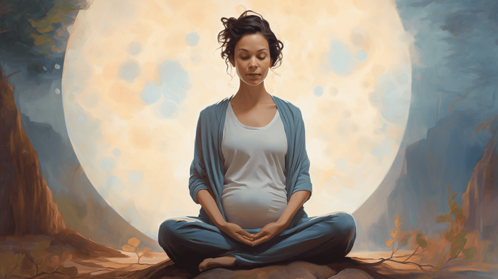Pregnant woman meditating with her eyes closed and a moon behind her.