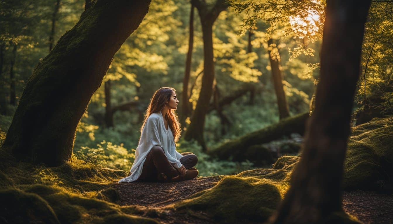 Woman in a forest at sunset meditating. Meditation Practices For Spiritual Awareness