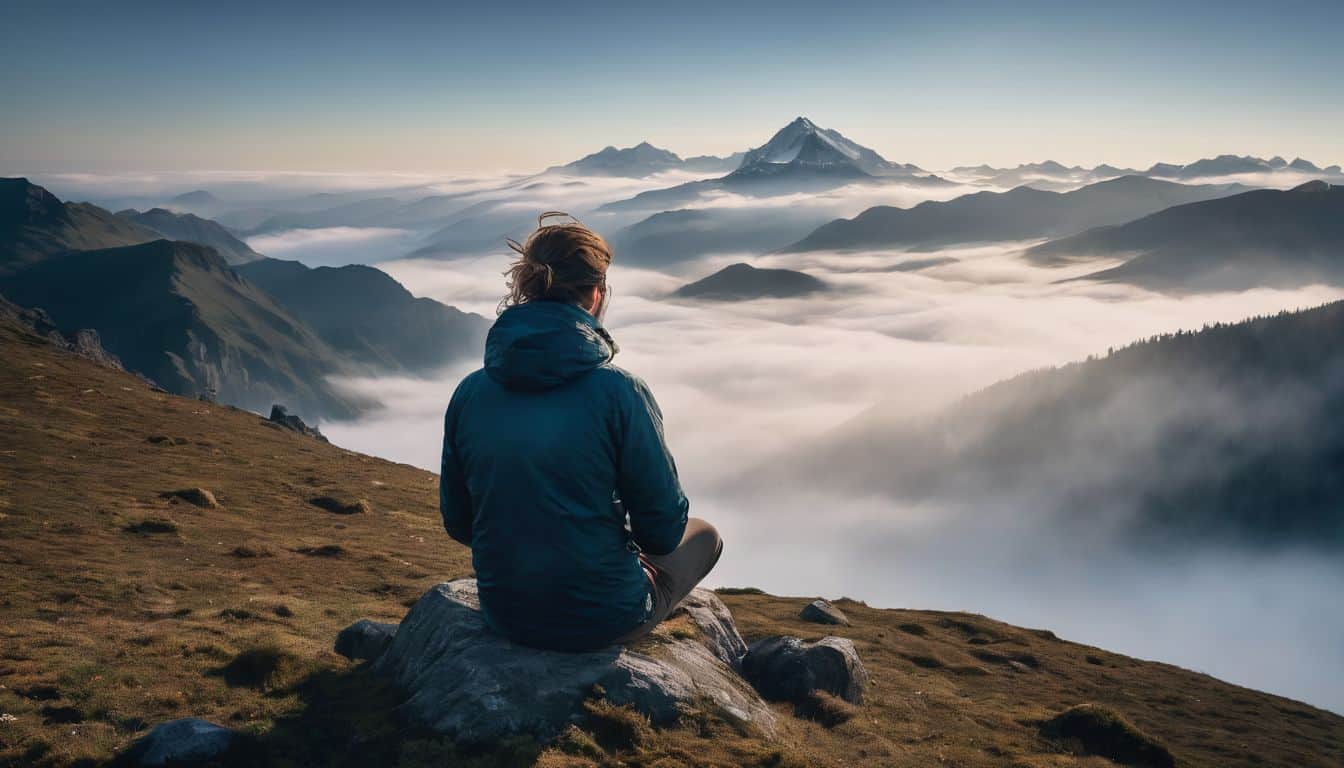 Man on the top of a mountain, spiritual meditation practices for focus