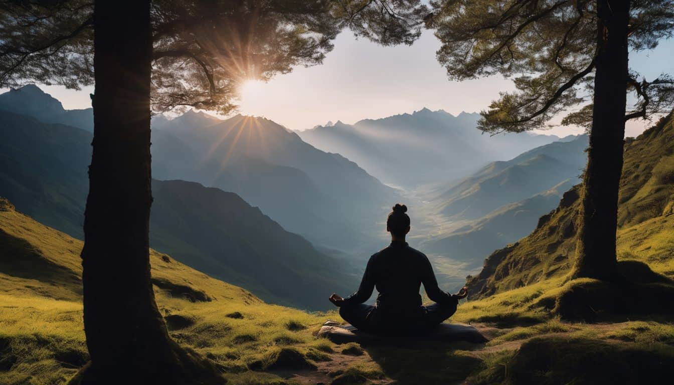 spiritual meditation practices for mindfulness. Man on mountain top meditating