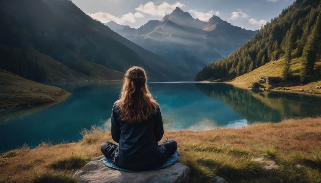 Person meditating at a lake on meditation practices for spiritual enlightenment.