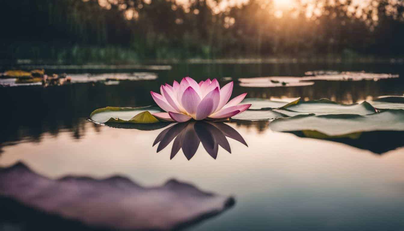 A photo of a tranquil lotus flower floating on a serene lake, surrounded by people with different appearances and styles.
