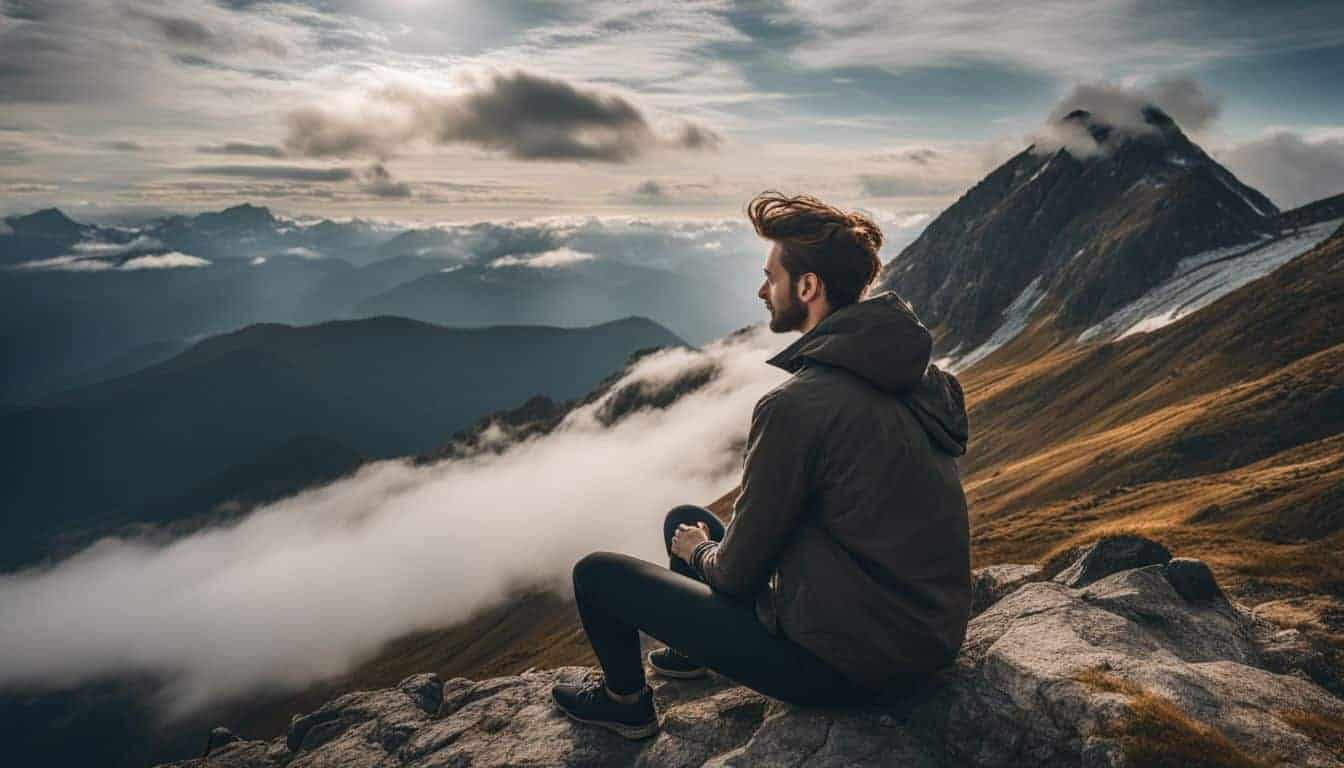 A person sits cross-legged on a mountain peak surrounded by clouds in a picturesque landscape.
