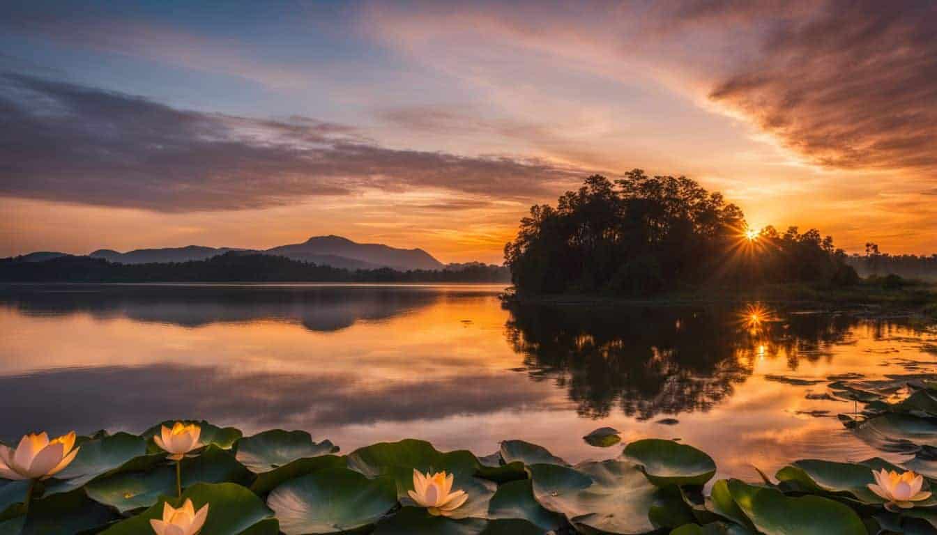 A stunning sunset scene over a peaceful lake, featuring a single lotus flower.