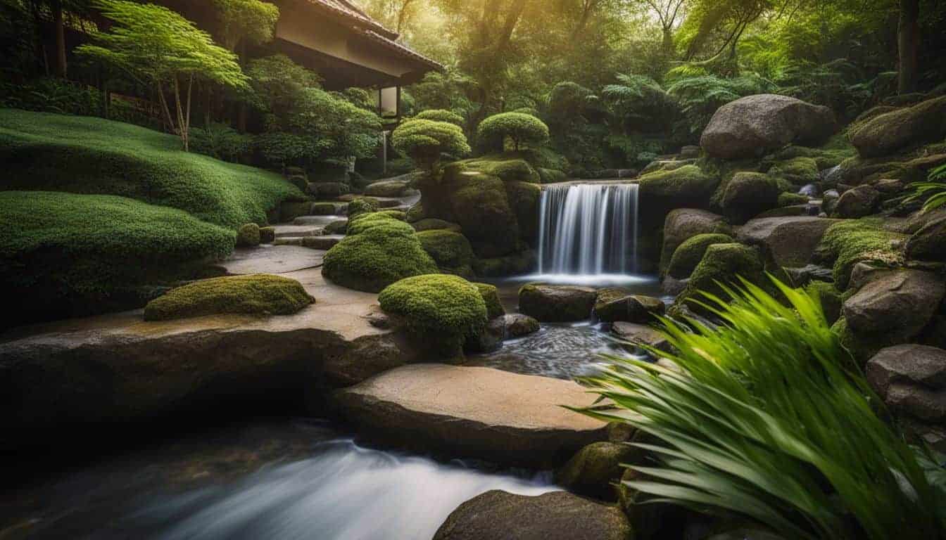 A serene Zen garden featuring a small waterfall surrounded by lush greenery and various people enjoying the environment.