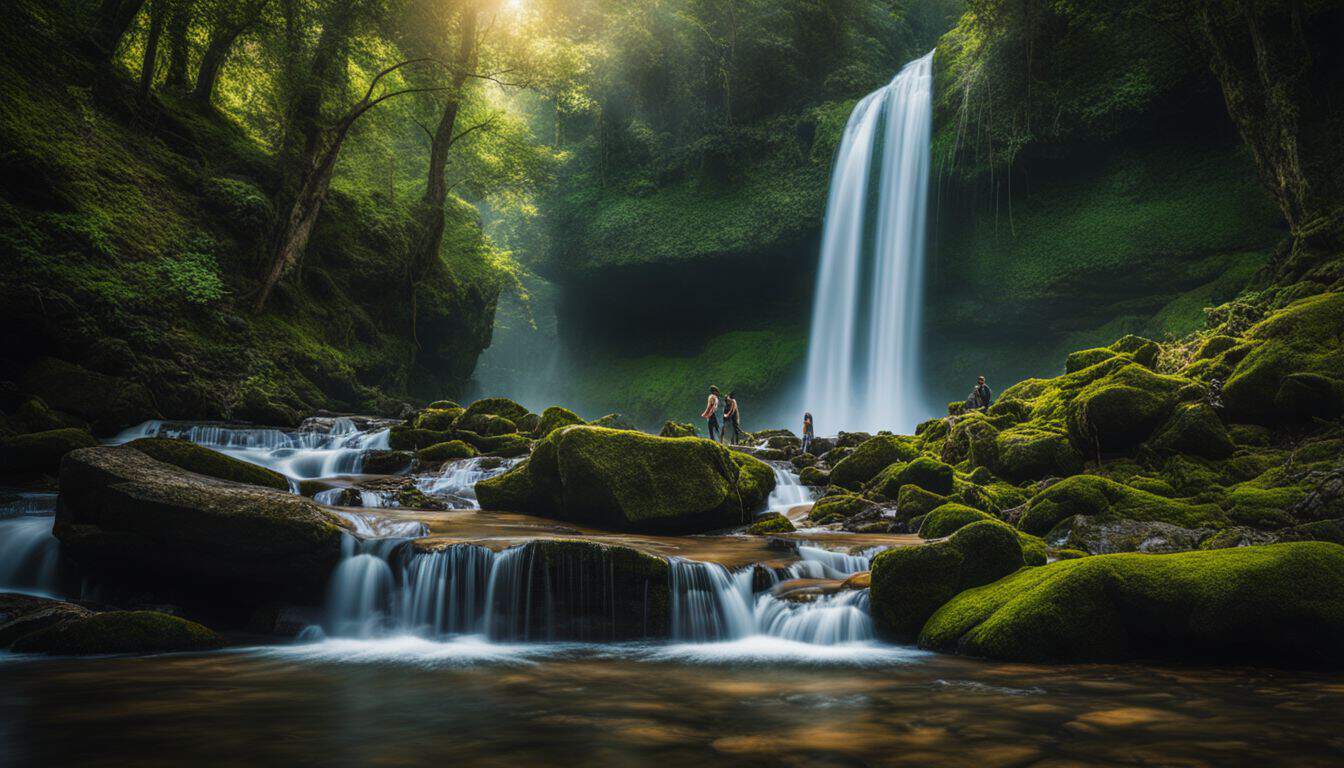 A picturesque waterfall in a vibrant forest, captured with a high-resolution camera for stunning photorealistic effect.