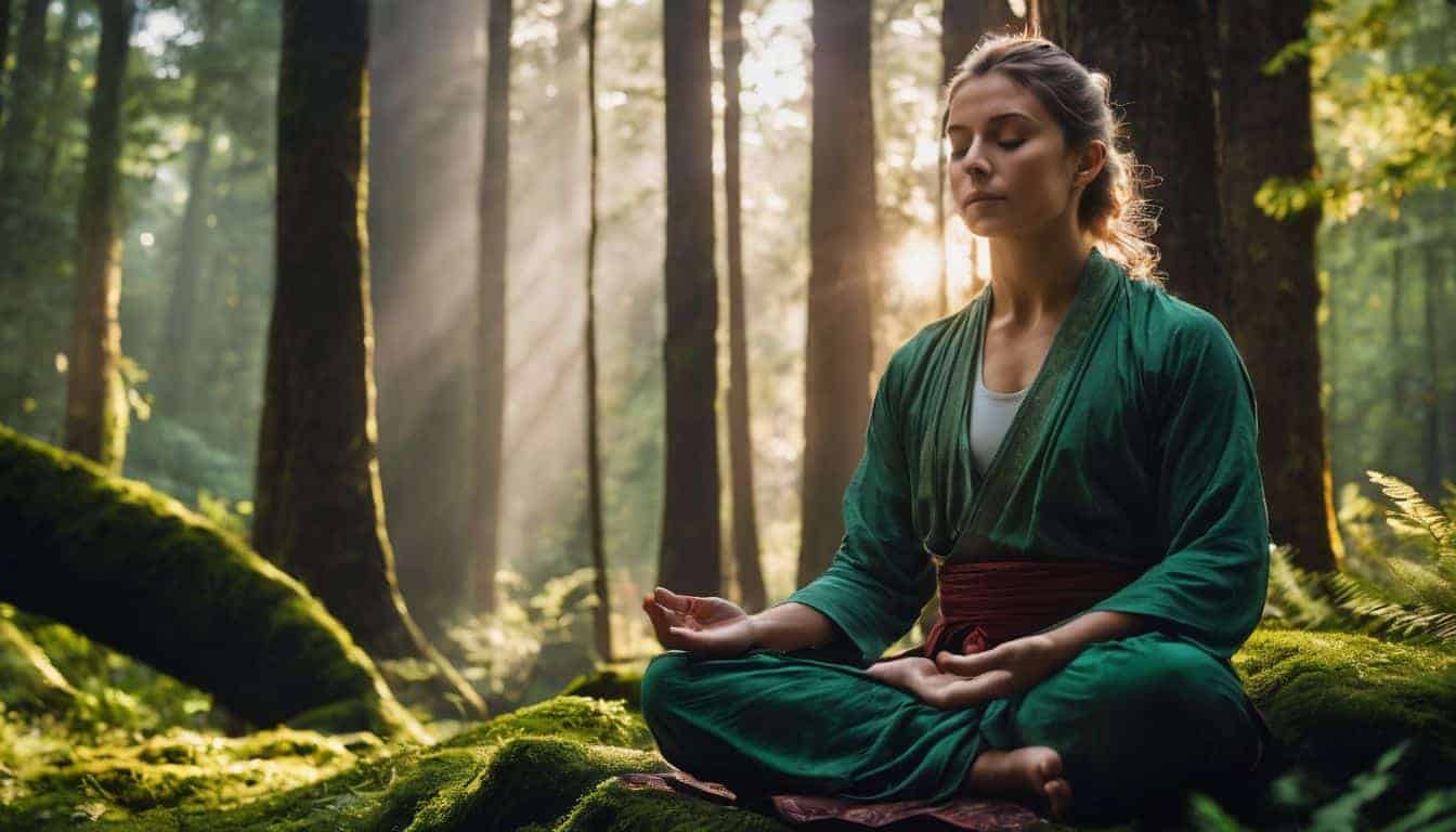 A person meditating in a serene forest surrounded by lush greenery, captured in a high-quality photograph.