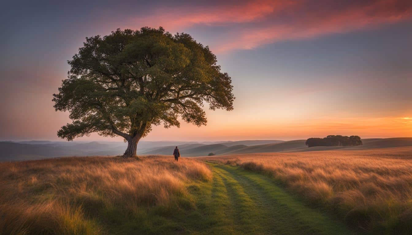 A stunning photograph of a peaceful landscape with a solitary tree and vibrant sunrise.