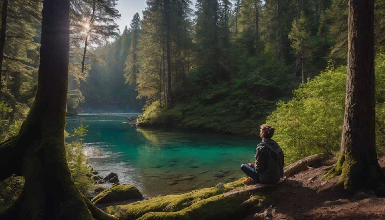 A person sits peacefully in a forest surrounded by tall trees, capturing the beauty of nature with their camera.