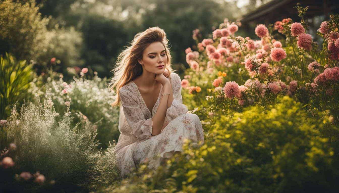 A woman enjoys a peaceful garden surrounded by plants and flowers in a well-lit and vibrant atmosphere.