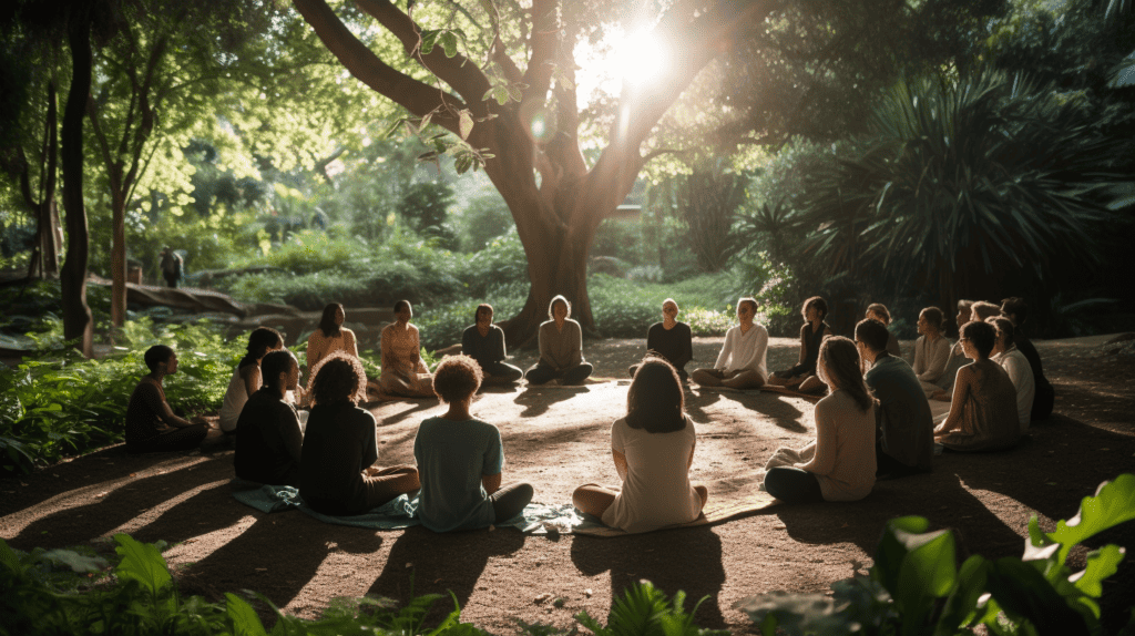 Group in the woods connecting with their own spirituality