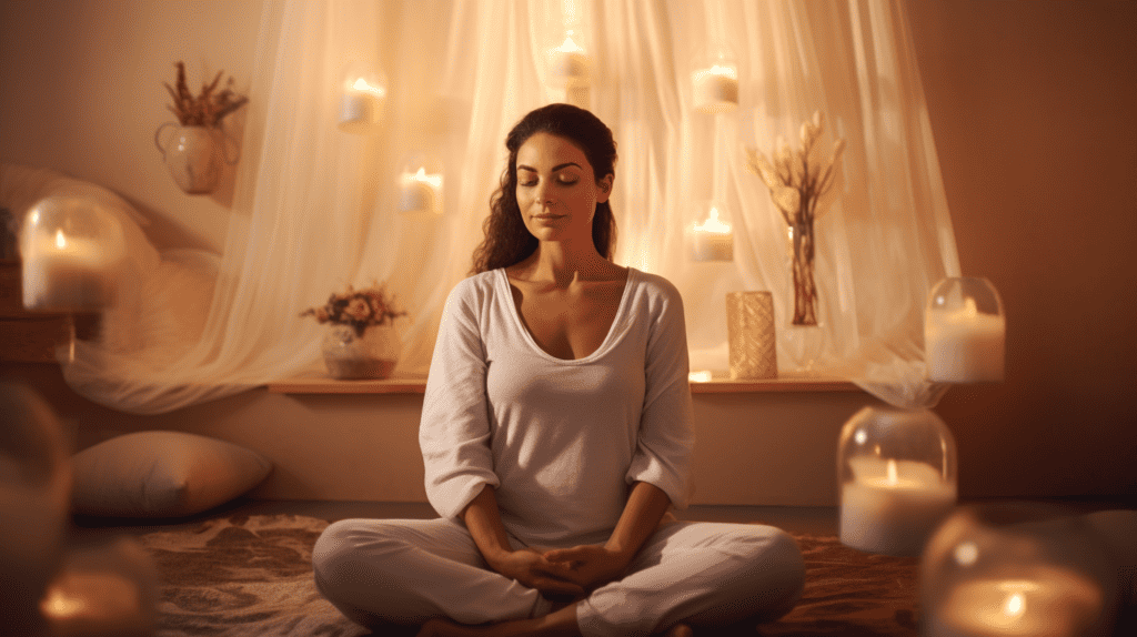 Person with reductions in inflammatory markers after meditation in room.