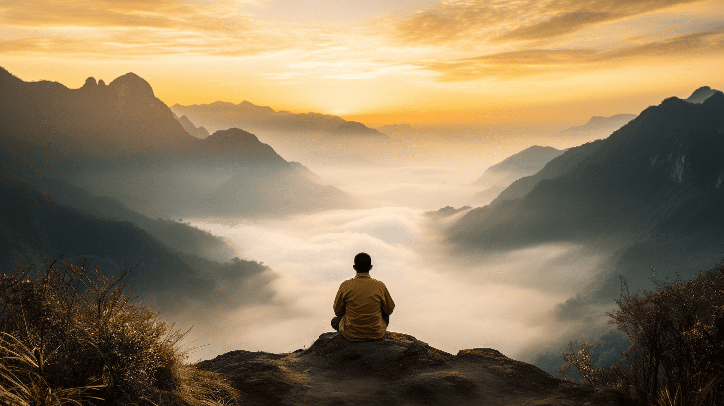 Meditation for Inflammation. Man overlooking a large mountain range at sunset.