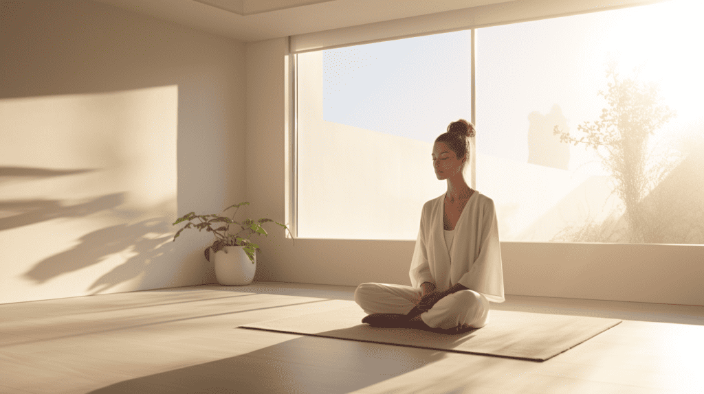 Woman with ADHD meditating in a well lit room with neutral tones.