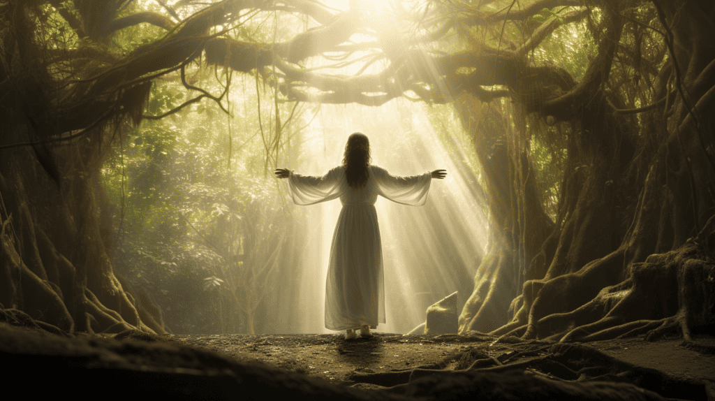 Woman in the forest with rays of light coming through forest canopy.