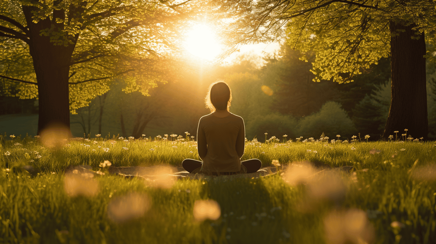Person in a meadow meditating to sunrise.