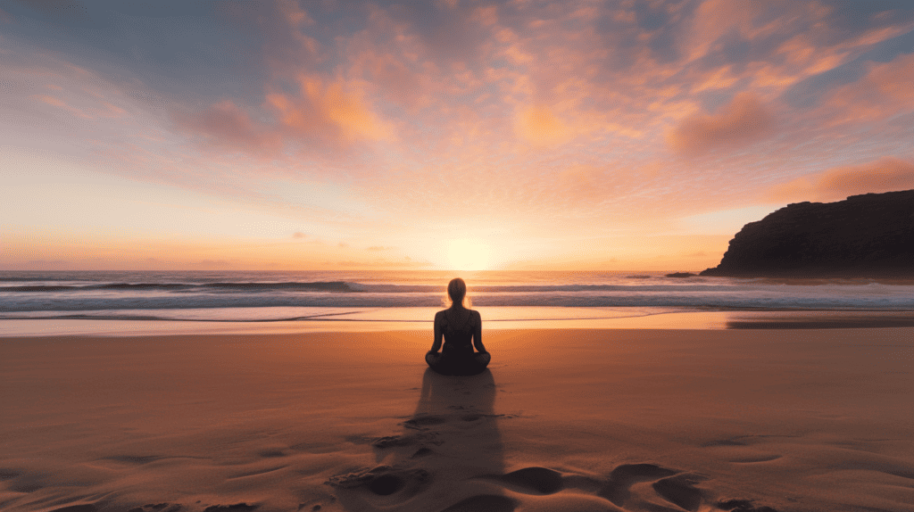 Person meditating at the beach at sunset.