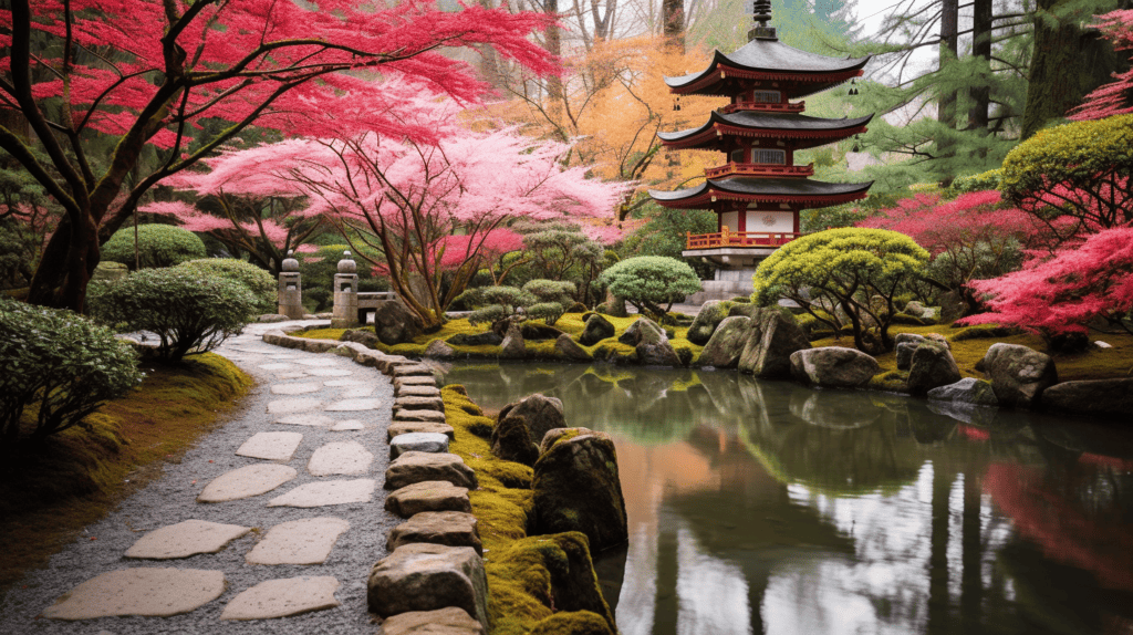 Japanese meditation pond and temple.