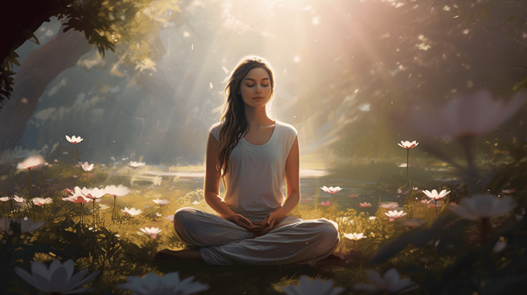 Woman outside in a flower meadow chanting while meditating.