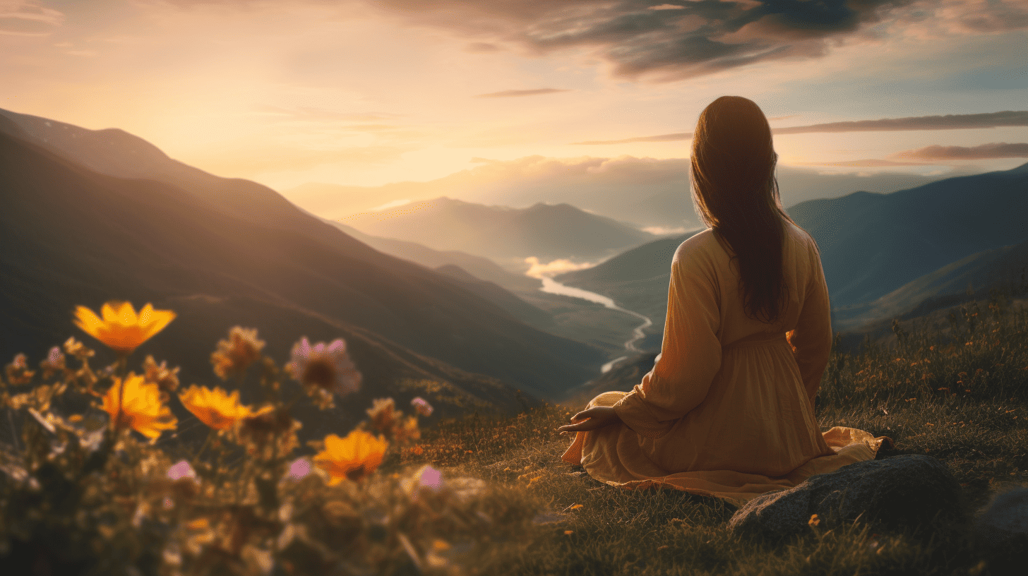 Meditation for Asthma. Woman at a mountain top breathing in the fresh air.