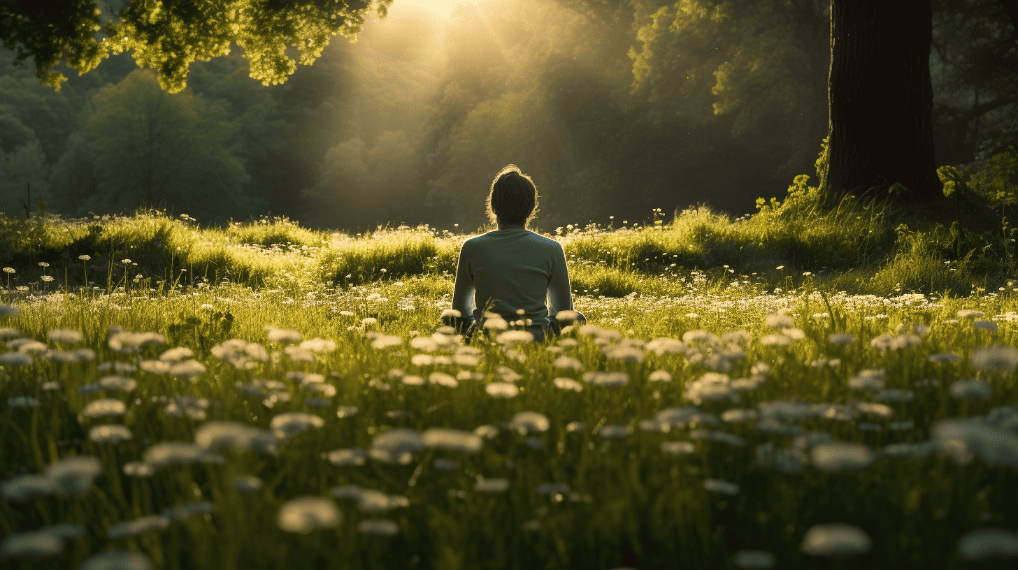 vipassana meditation for beginners. Woman meditating in a field of flowers and trees.