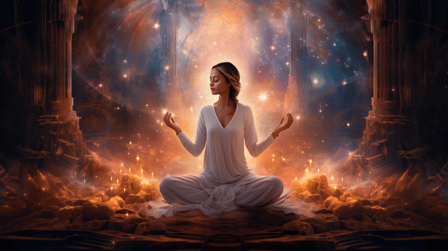 Can meditation Give you Superpowers. Woman connecting with the universe. Galaxy as a back drop.