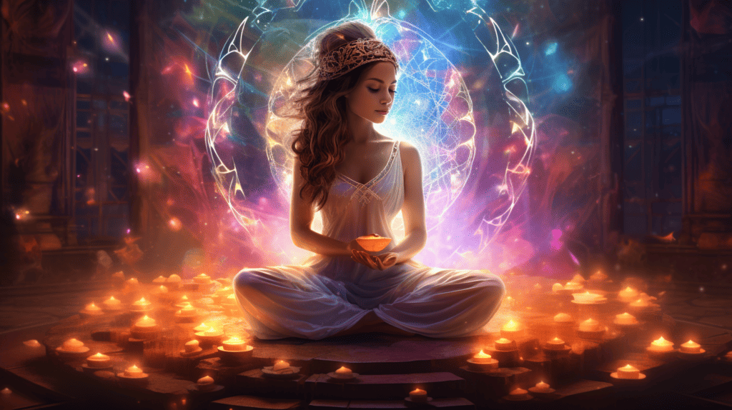 Woman meditating and aligning her chakras for enlightenment.