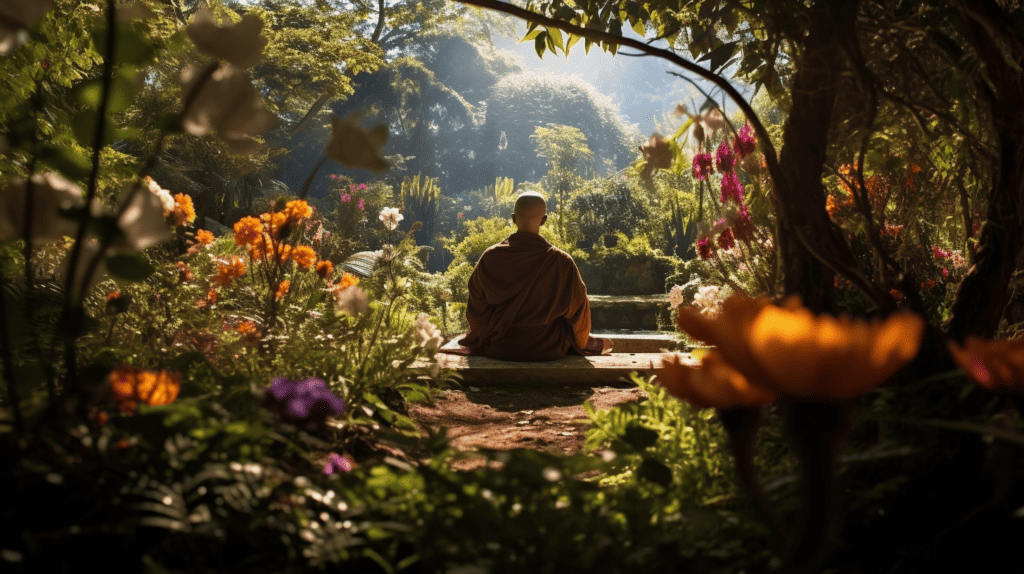 Person in a beautiful garden meditating.