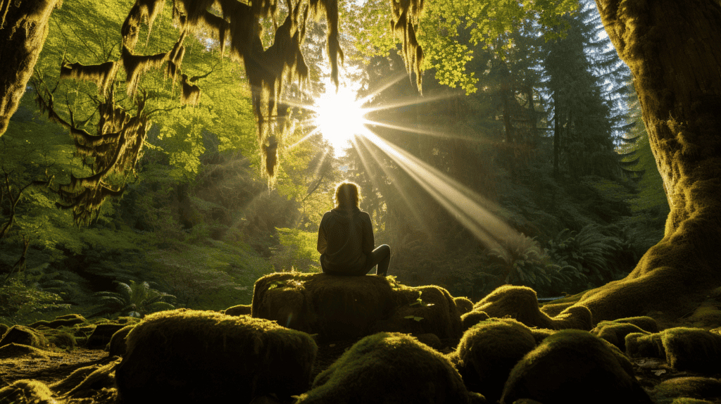 Person in the forest practicing Meditation for Heart Health and Mindfulness.