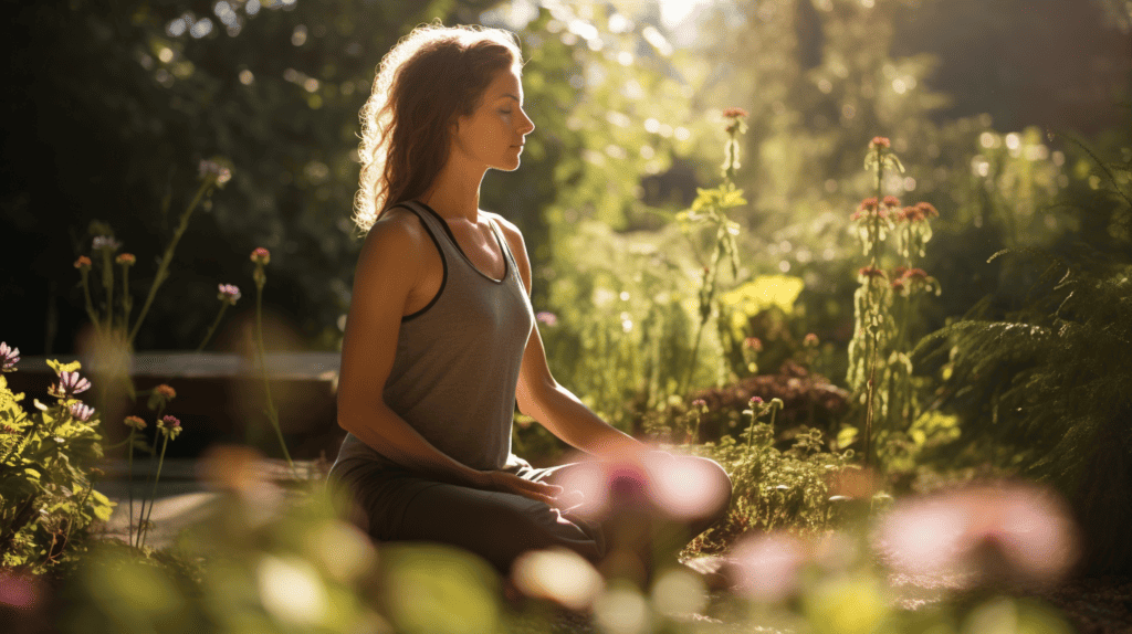 Woman in a beautiful garden meditation for pain relief.