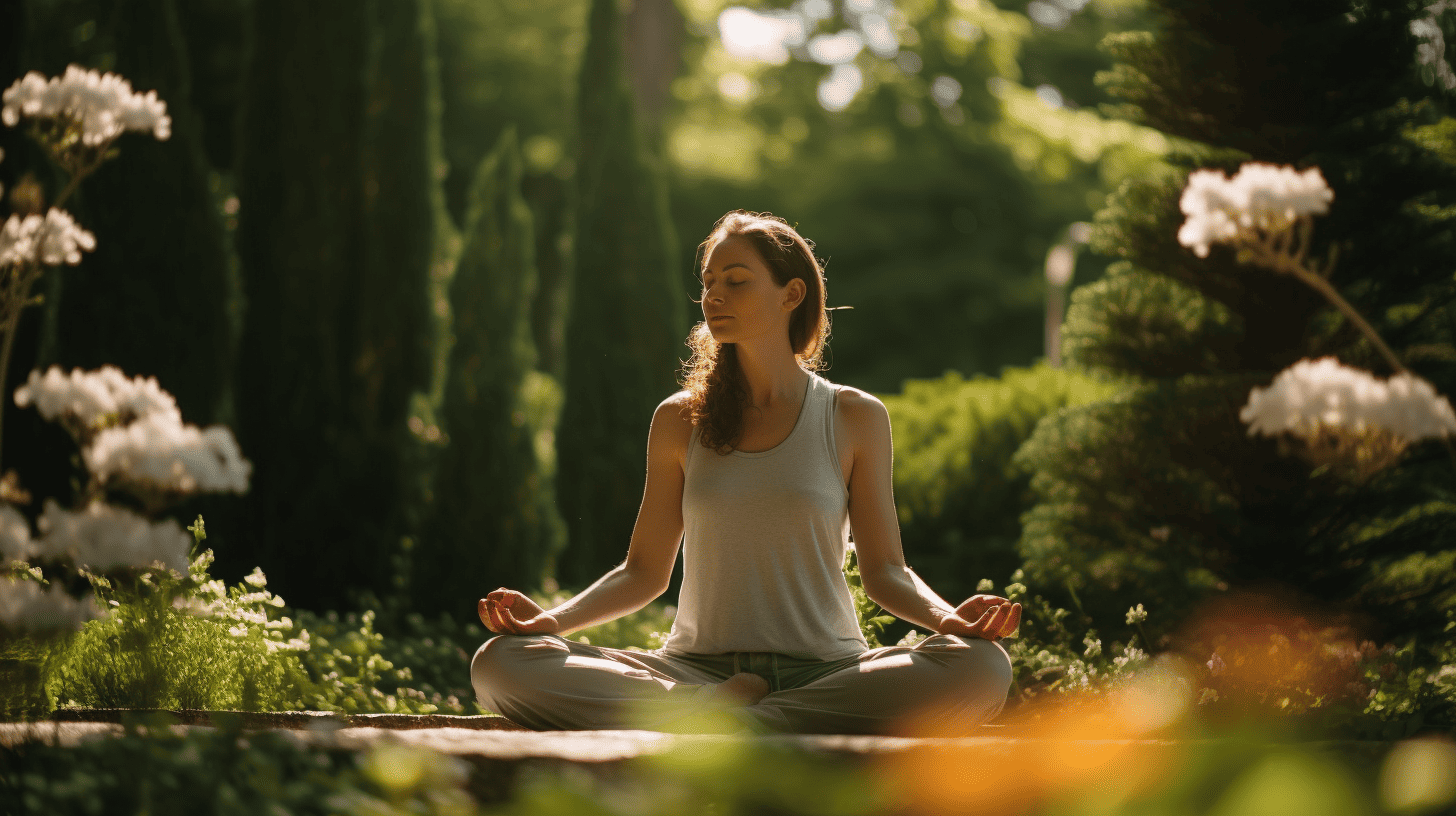 Woman in a garden doing Guided Transcendental Meditation.