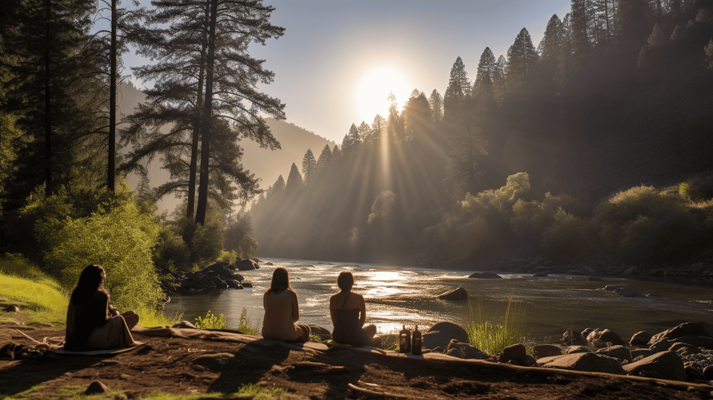 Two people next to a river practicing meditation for burnout