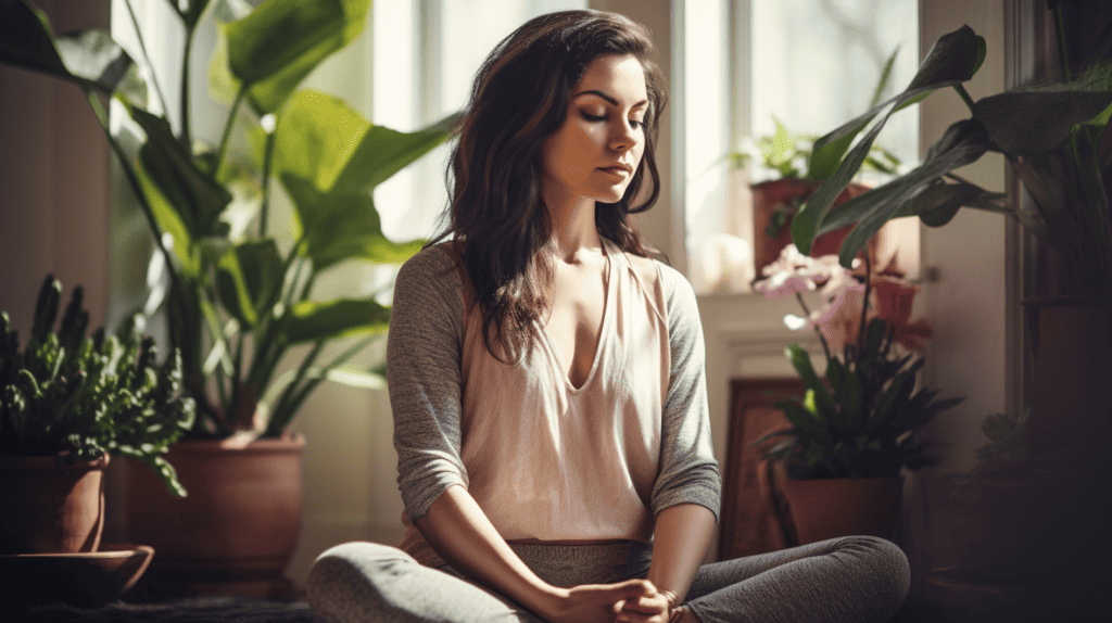 Woman Investigating Physical Sensations while she meditates in her living room.
