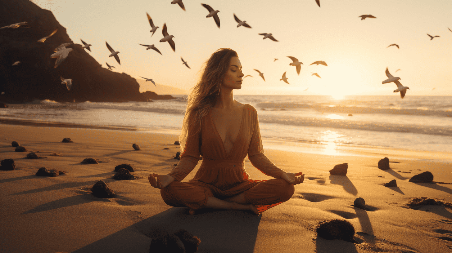 Meditations for Negative Thoughts. Woman on the beach at sunset, meditating