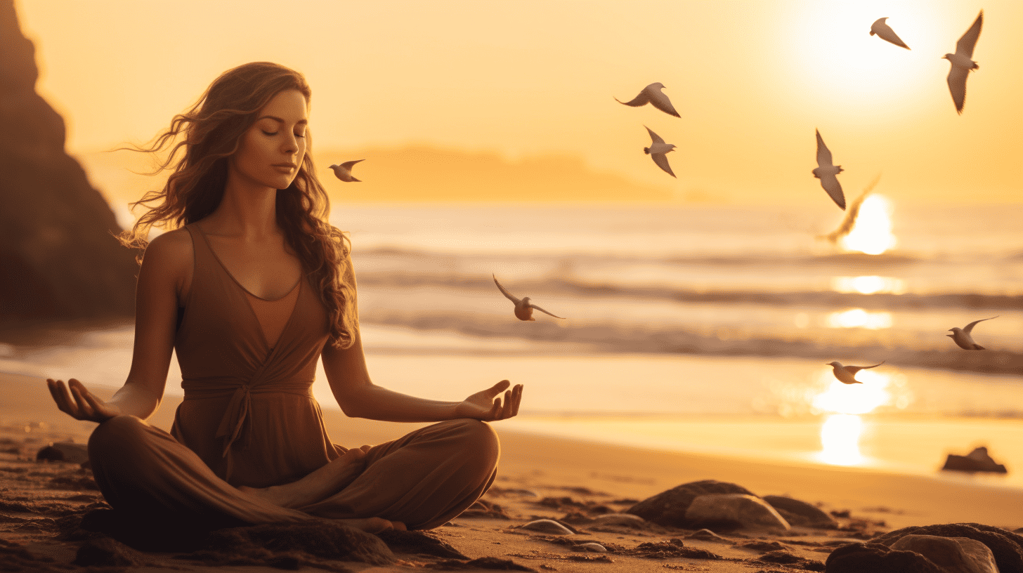 Best Meditation Techniques for Beginners. Woman meditating on beach with birds in the background.