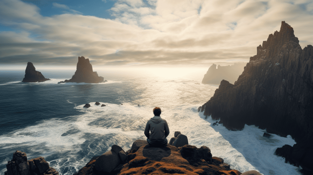 Transcendental meditation, man on a cliff meditating in front of the ocean.