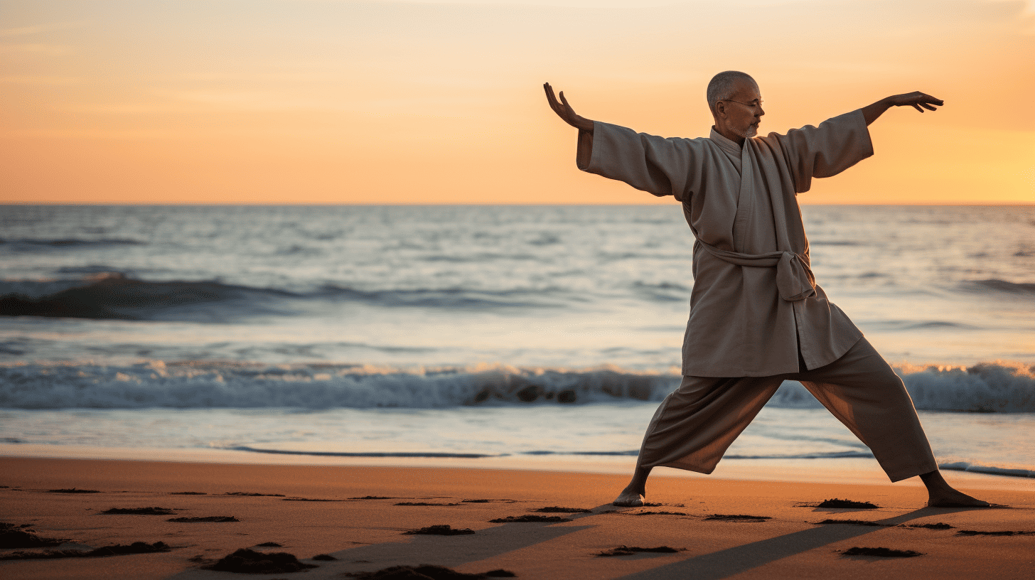 Man practicing Tai Chi on the beach for Best Meditation for Pain Relief.