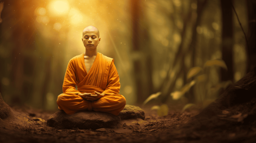 Buddhist Meditation Techniques for Beginners.  Man in a forest meditating on a rock.